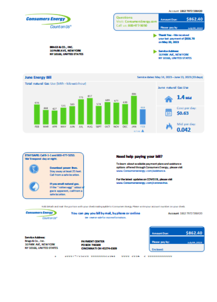Download Michigan Consumers Energy  business utility bill, Word and PDF template SCR Photoshop template